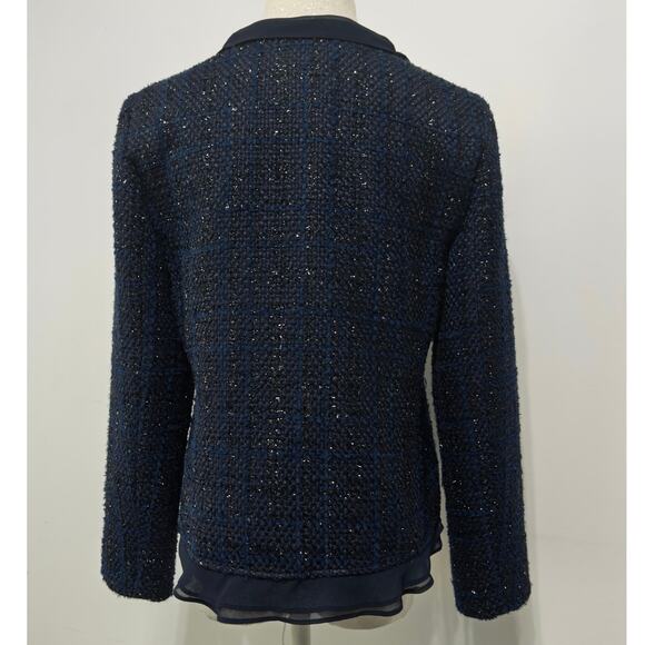 Vince Camuto navy tweed ruffle jacket sz 6 romantic cottagecore Y2K officewear - Picture 2 of 4